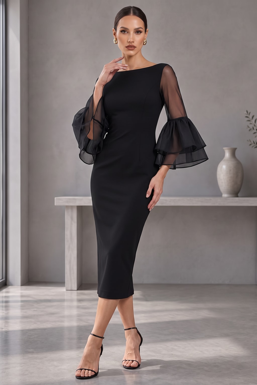 Polyester Bodycon Midi Dress With Bell Sleeves - 3