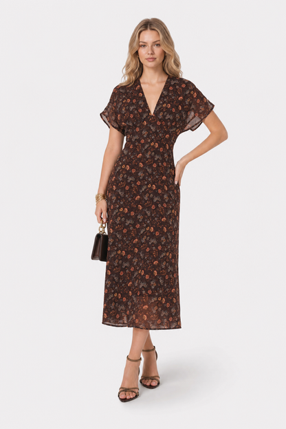 Coffee Floral Chiffon V-Neck Maxi Dress - view 2