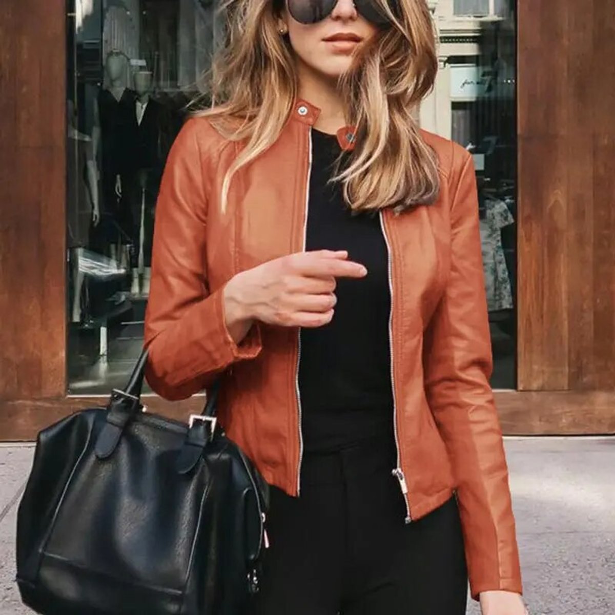 Faux Leather Moto Jacket with Band Collar - view 7
