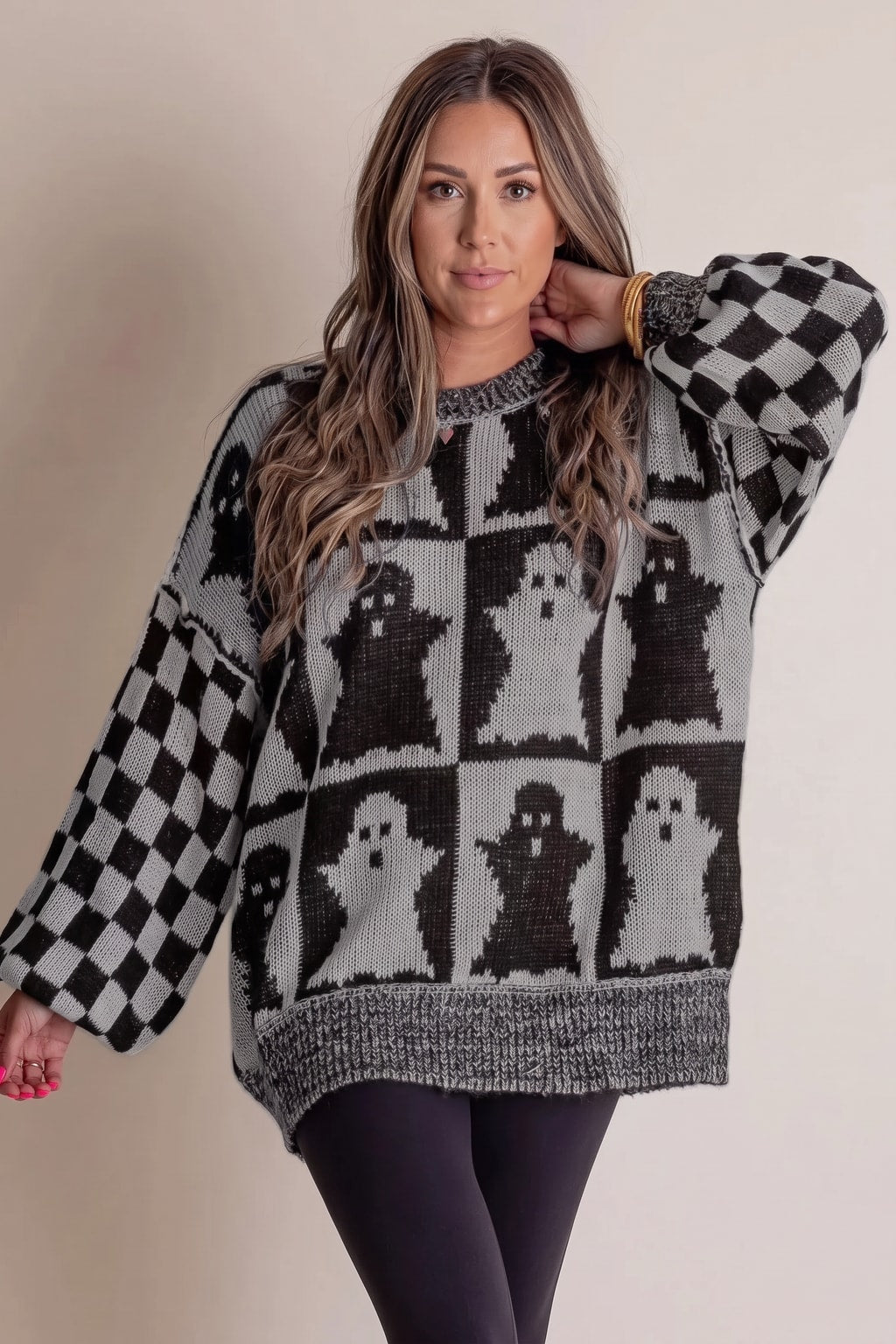 Knitted Polyester Pullover With Lantern Sleeves - 2