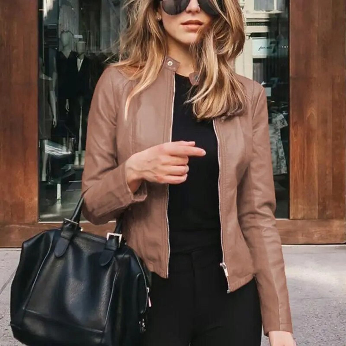 Faux Leather Moto Jacket with Band Collar - view 2