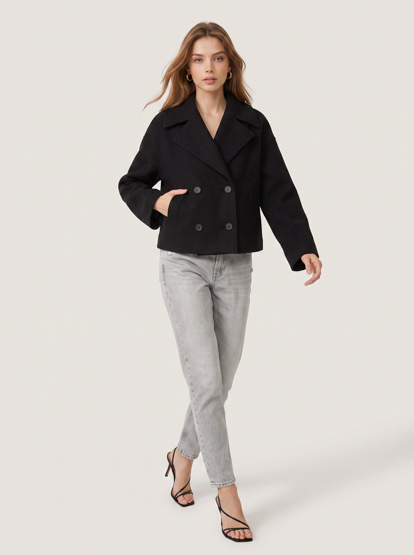 Cropped Double-Breasted Blazer, Pointed Lapels - view 8