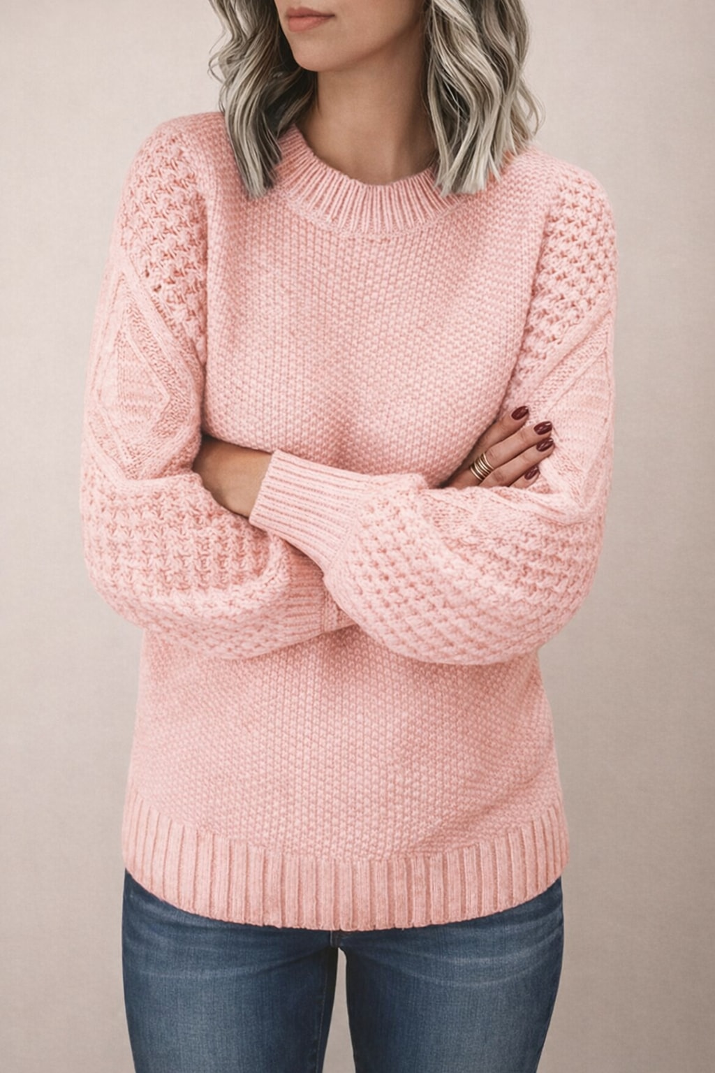 Knitted Sweater with Lantern Sleeves - 5