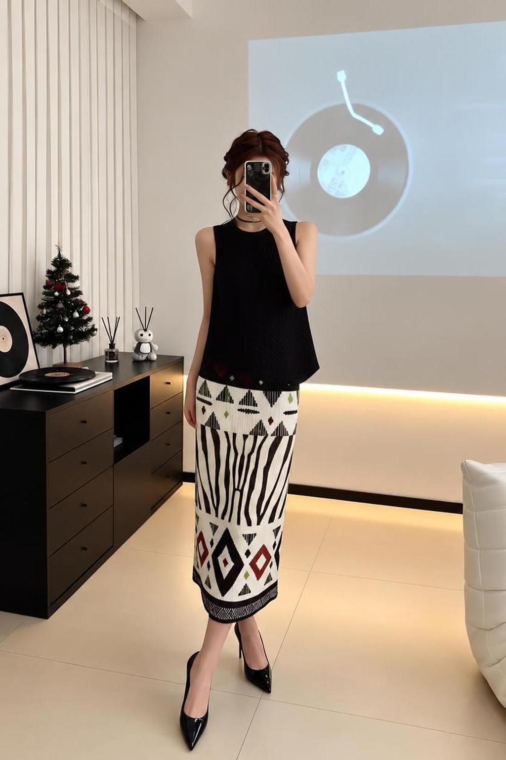 Polyester Pleated Skirt With Geometric Print - 3