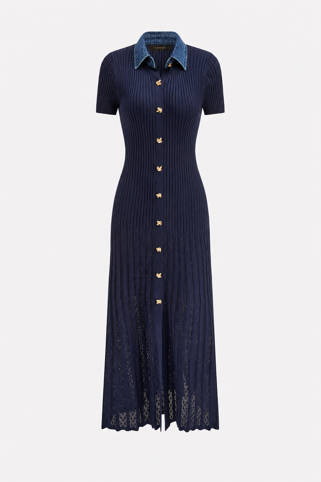 Ribbed knit maxi dress with denim collar