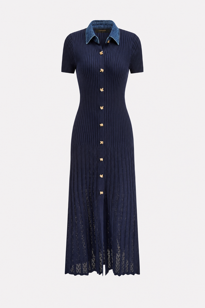 Ribbed knit maxi dress with denim collar