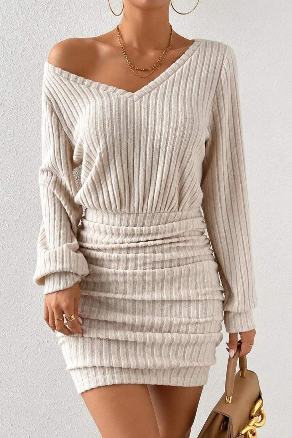Knitted Wrap V-Neck Bodycon Mini Dress - 2