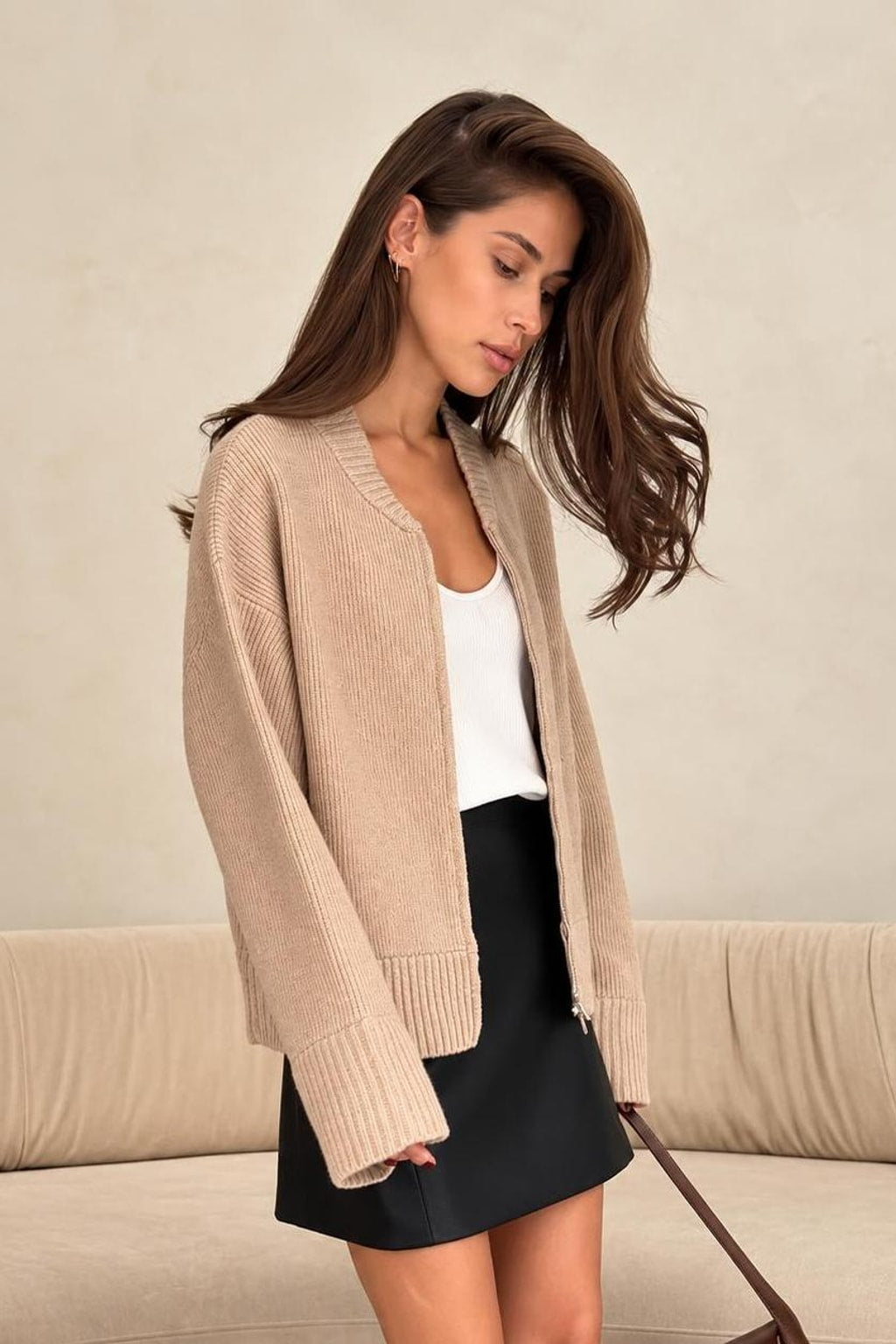 Polyester Zip-Up Cardigan With O-Neck Collar - 6