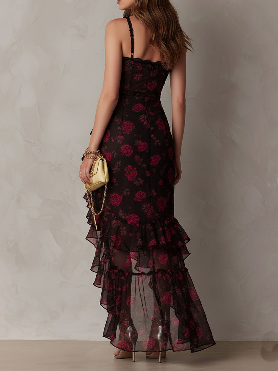 Black Floral Mesh Midi Dress with Ruffle Hem - view 6