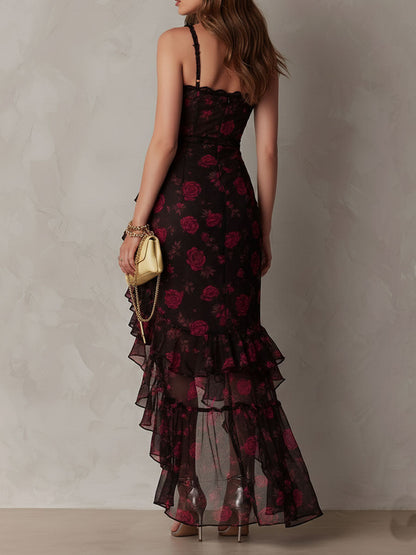 Black Floral Mesh Midi Dress with Ruffle Hem - view 6