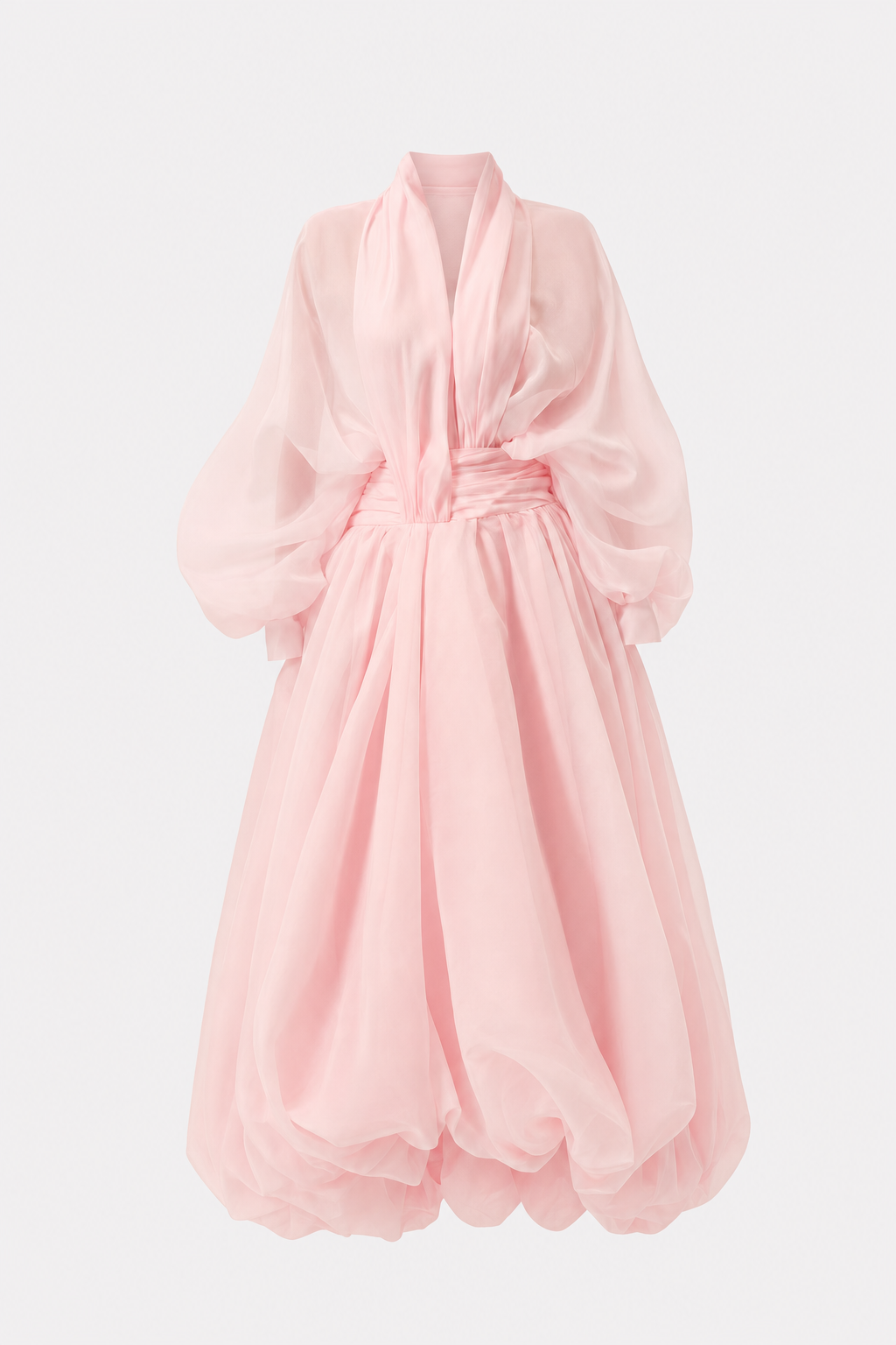 Pink V-neck puff sleeve organza maxi dress