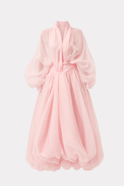 Pink V-neck puff sleeve organza maxi dress