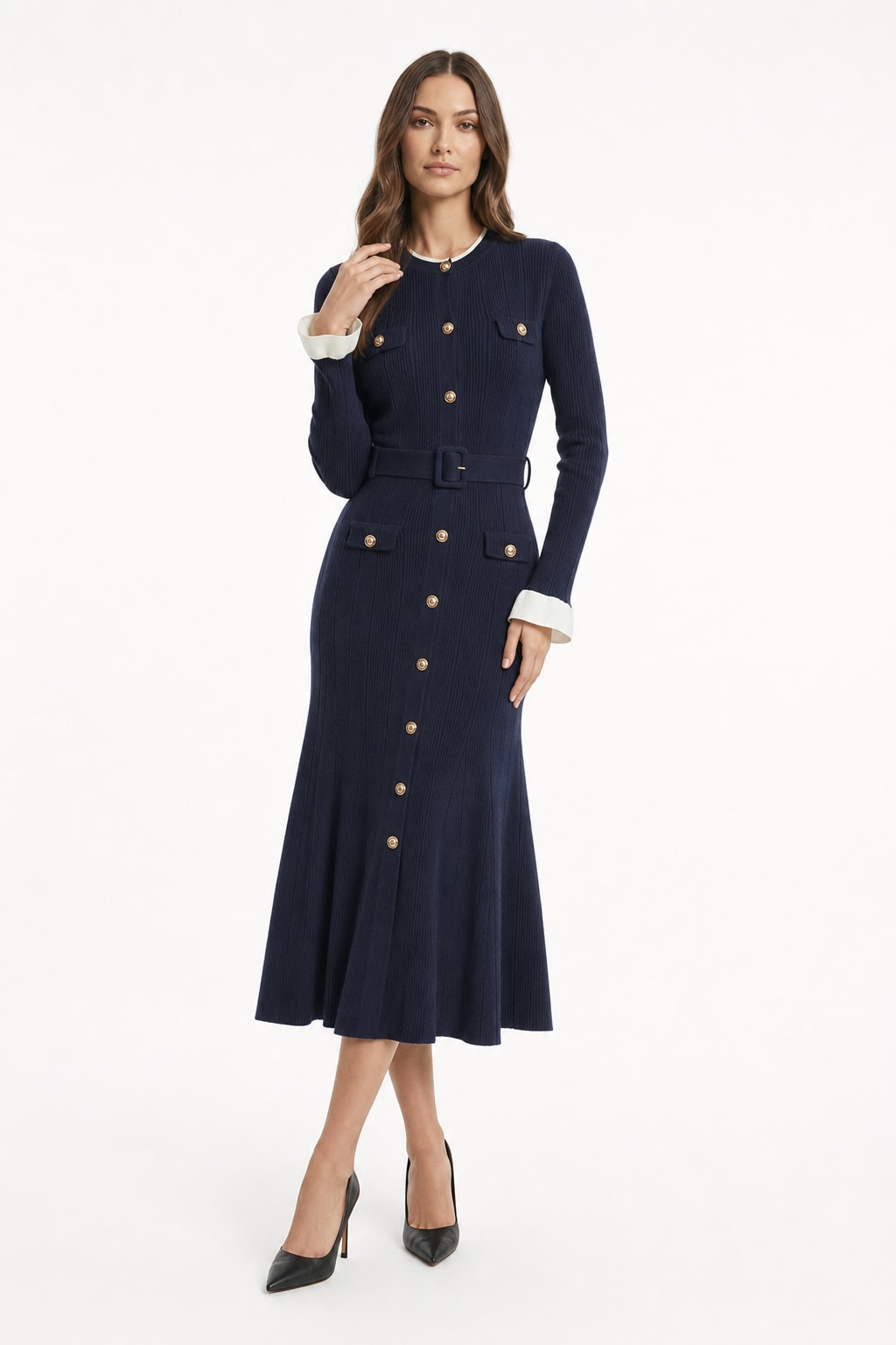 Acrylic Blend Belted Long-Sleeve Midi Dress - 4