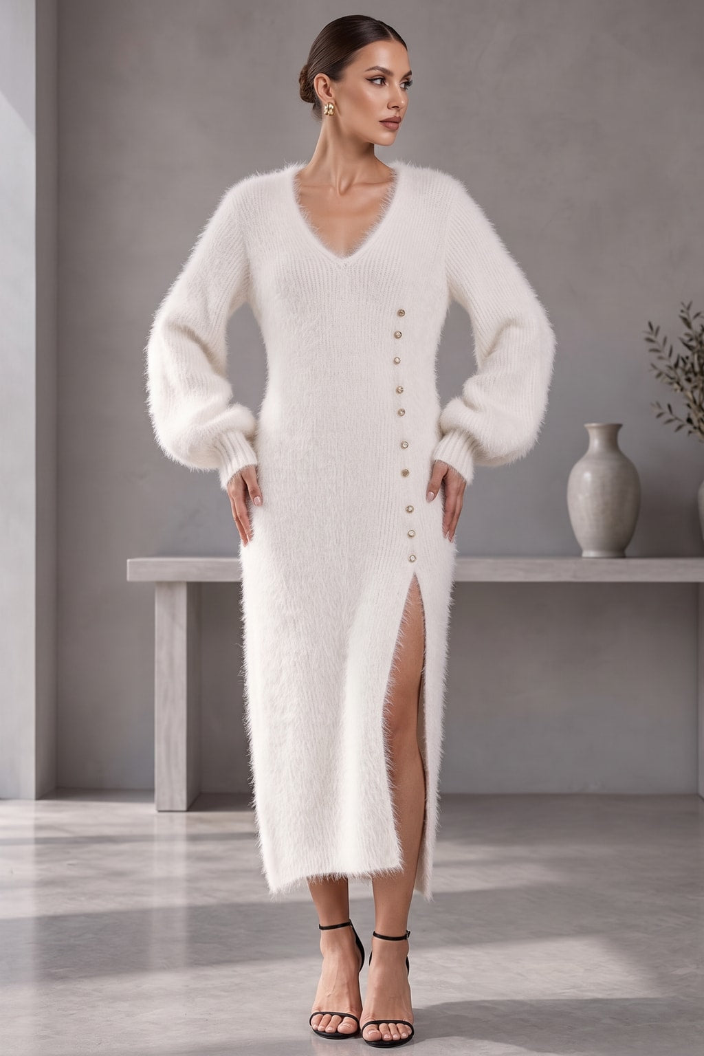 Knit Sweater Midi Dress With Balloon Sleeves - 4