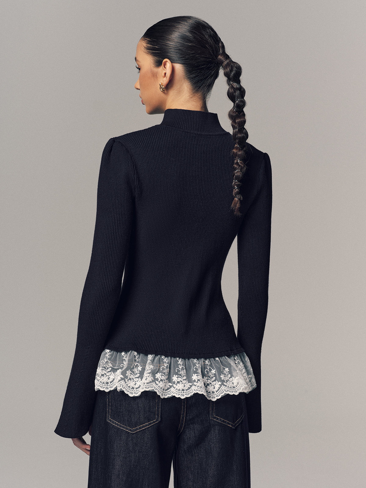 Navy ribbed mock neck cardigan with lace trim - view 4