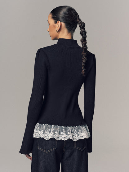 Navy ribbed mock neck cardigan with lace trim - view 4