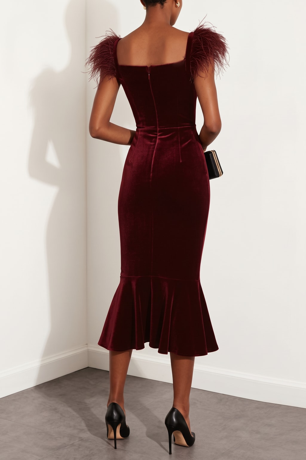 Velvet Mermaid Midi Dress With Feather Trim - 3