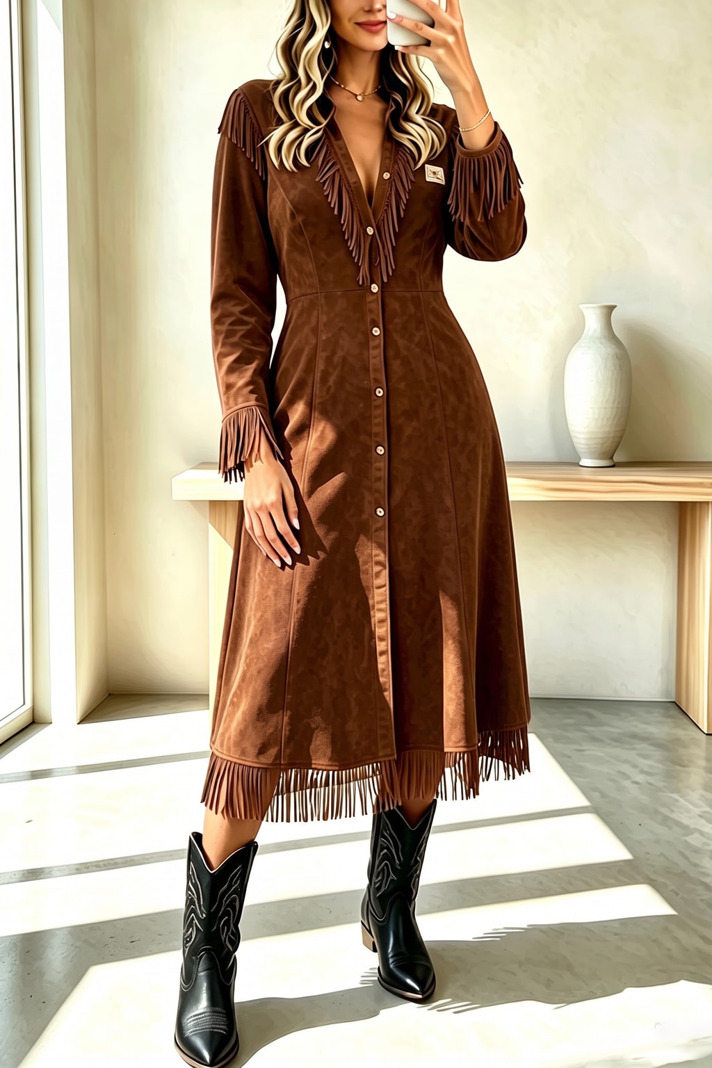 Suede Midi Dress With Fringe Tassel Trim - 2