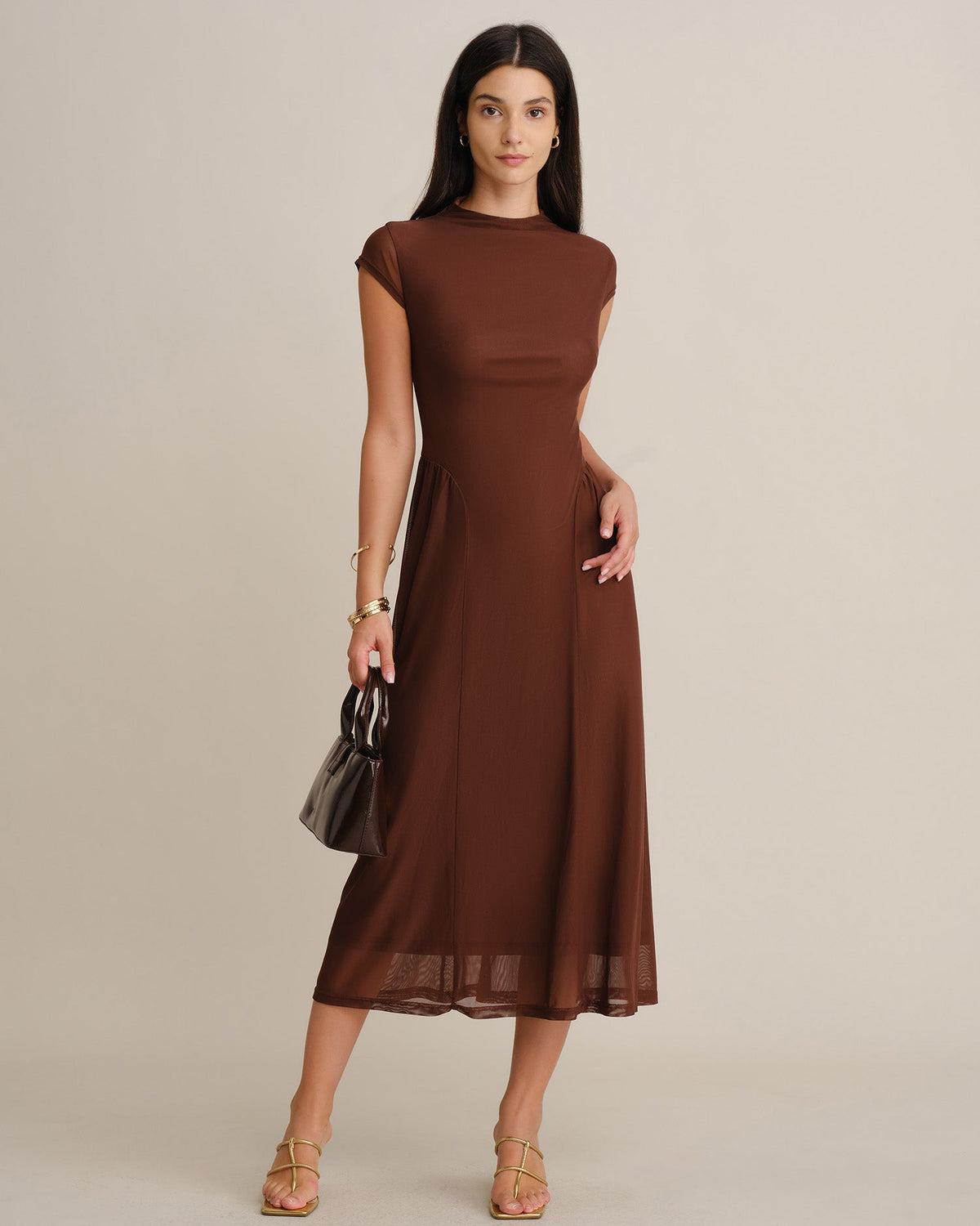 Mock Neck Mesh Midi Dress With Ruched Waist - 2