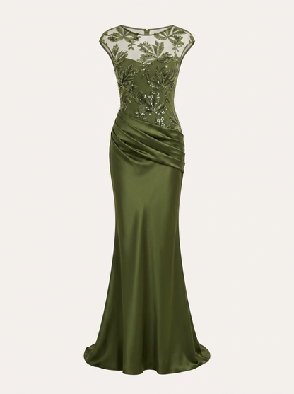 Green Sequin Satin Mermaid Maxi Dress