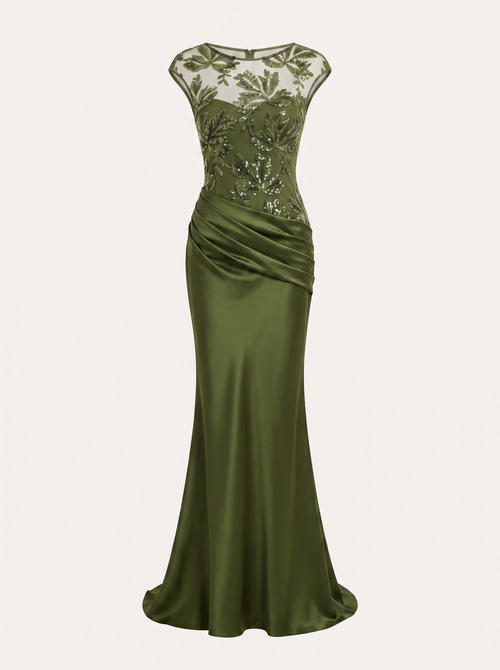 Green Sequin Satin Mermaid Maxi Dress