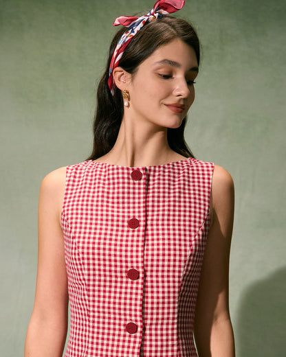Red plaid cotton mini dress with boat neckline - view 3