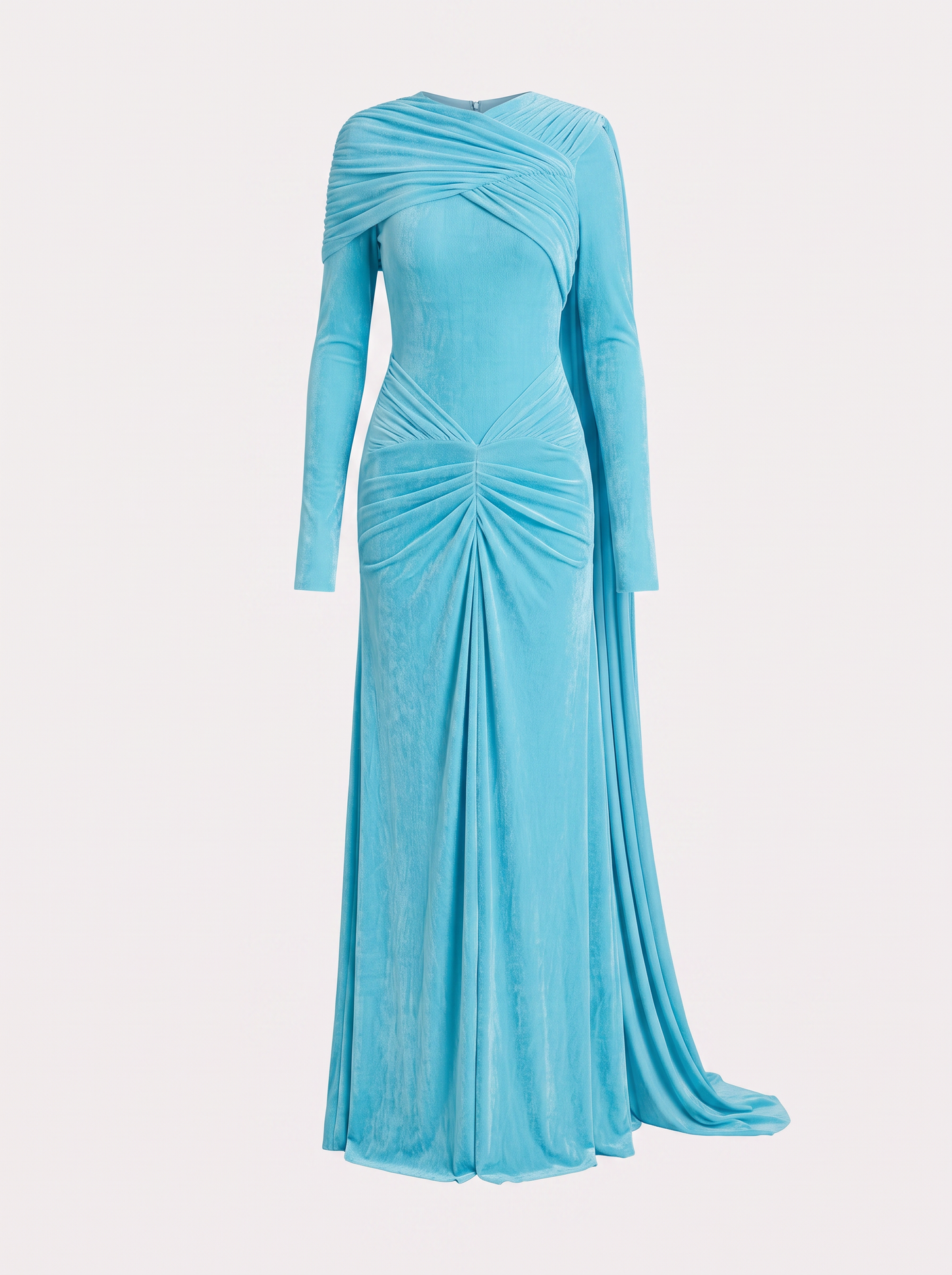 Blue one-sleeve cape maxi dress with draped neckline