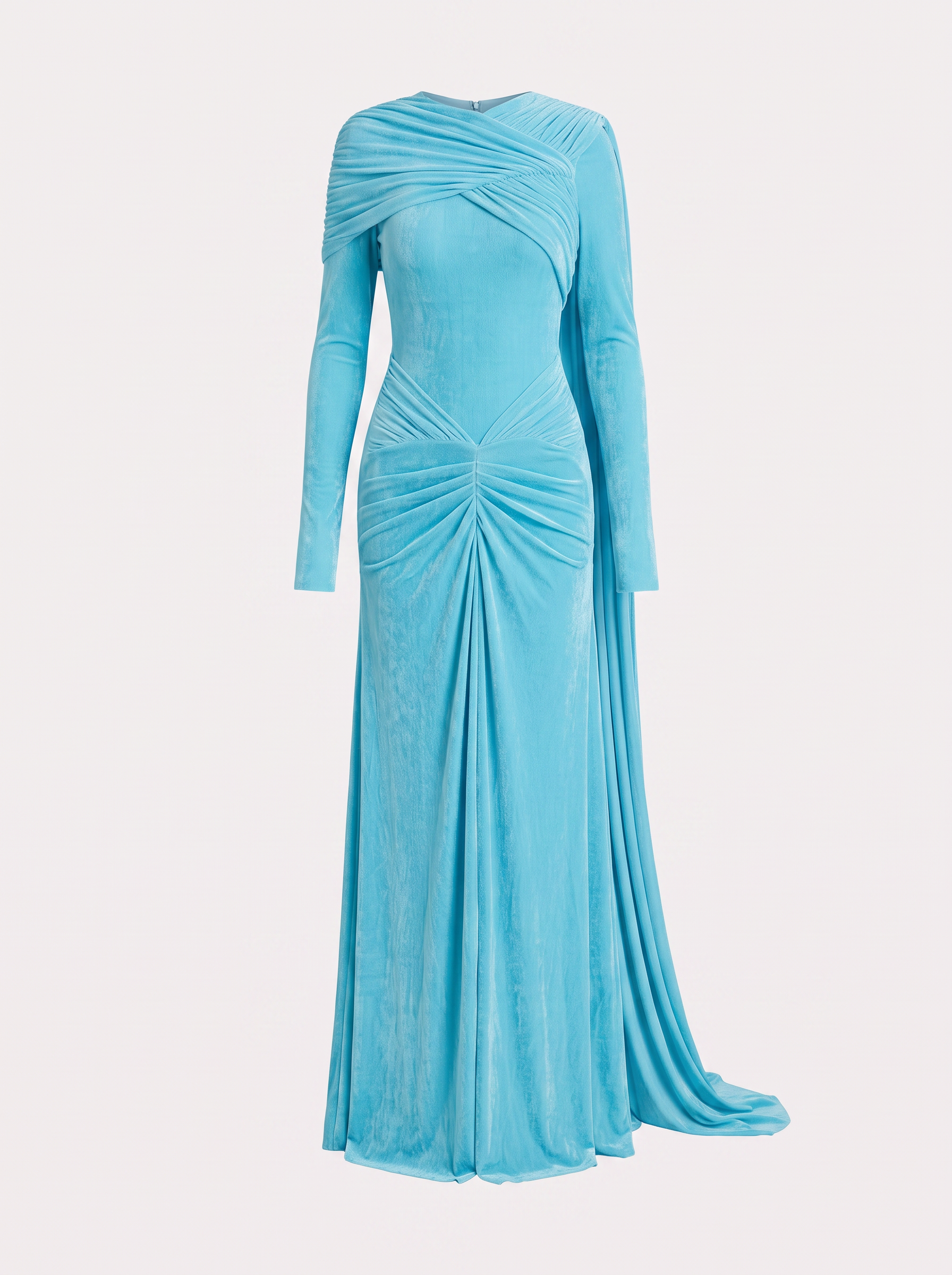 Blue one-sleeve cape maxi dress with draped neckline