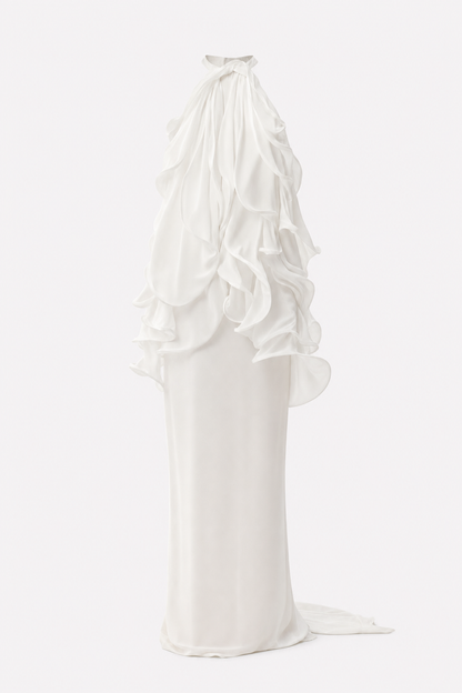 White halter ruffle chiffon maxi dress