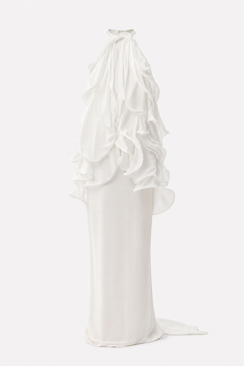 White halter ruffle chiffon maxi dress