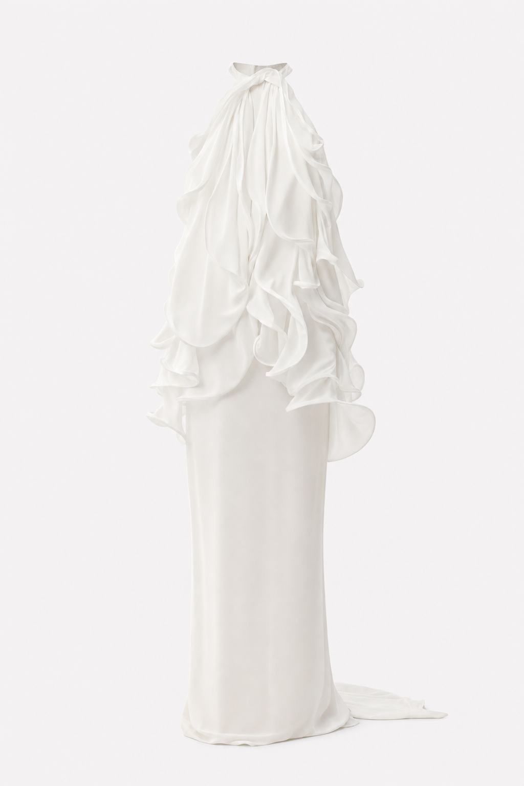 White Halter Ruffle Maxi Dress Flowy Chiffon Bridal Gown - 1