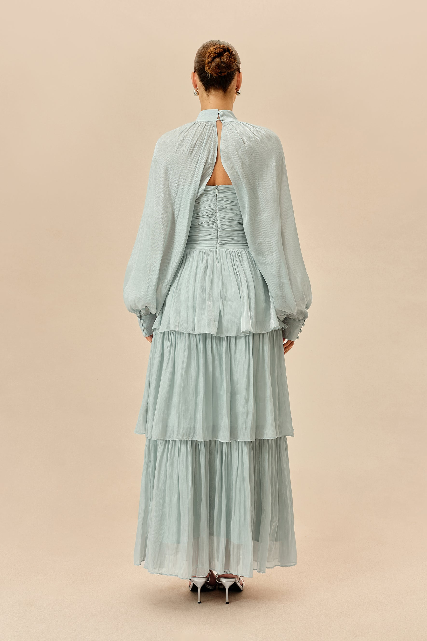 Light Blue Tiered Chiffon Maxi Dress, Detachable Sleeves - view 4