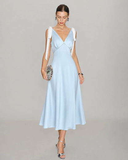 Blue V-neck satin midi dress with ruched cutout waist - view 2