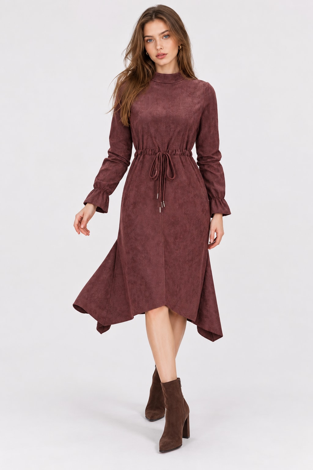 Suede Midi Dress with Zipper and Drawstring - 2