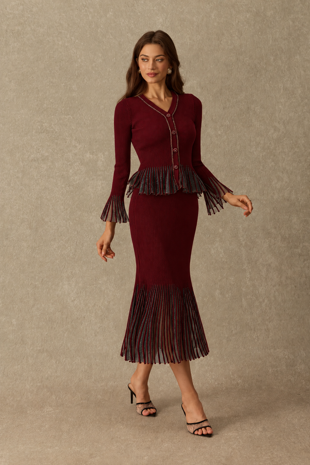 Viscose Knit Two Piece Set Rhinestone Trim - 9