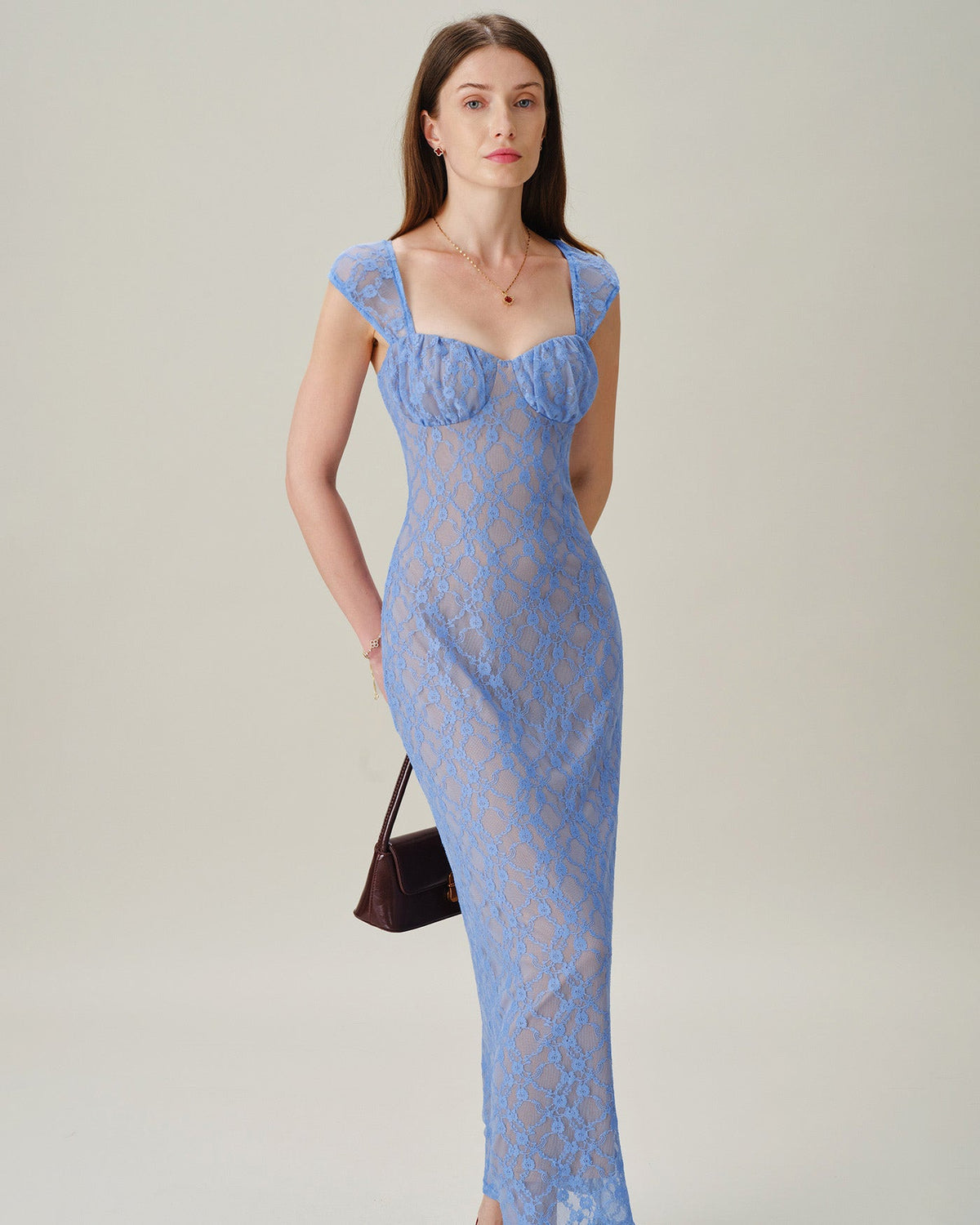 Blue Lace Sweetheart Maxi Dress, Ruched Waist - view 2
