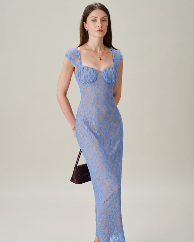 Blue Lace Sweetheart Maxi Dress With Flattering Ruched Waist - 2