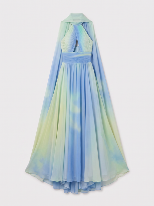 Ombre Chiffon Maxi Dress With Cape Scarf