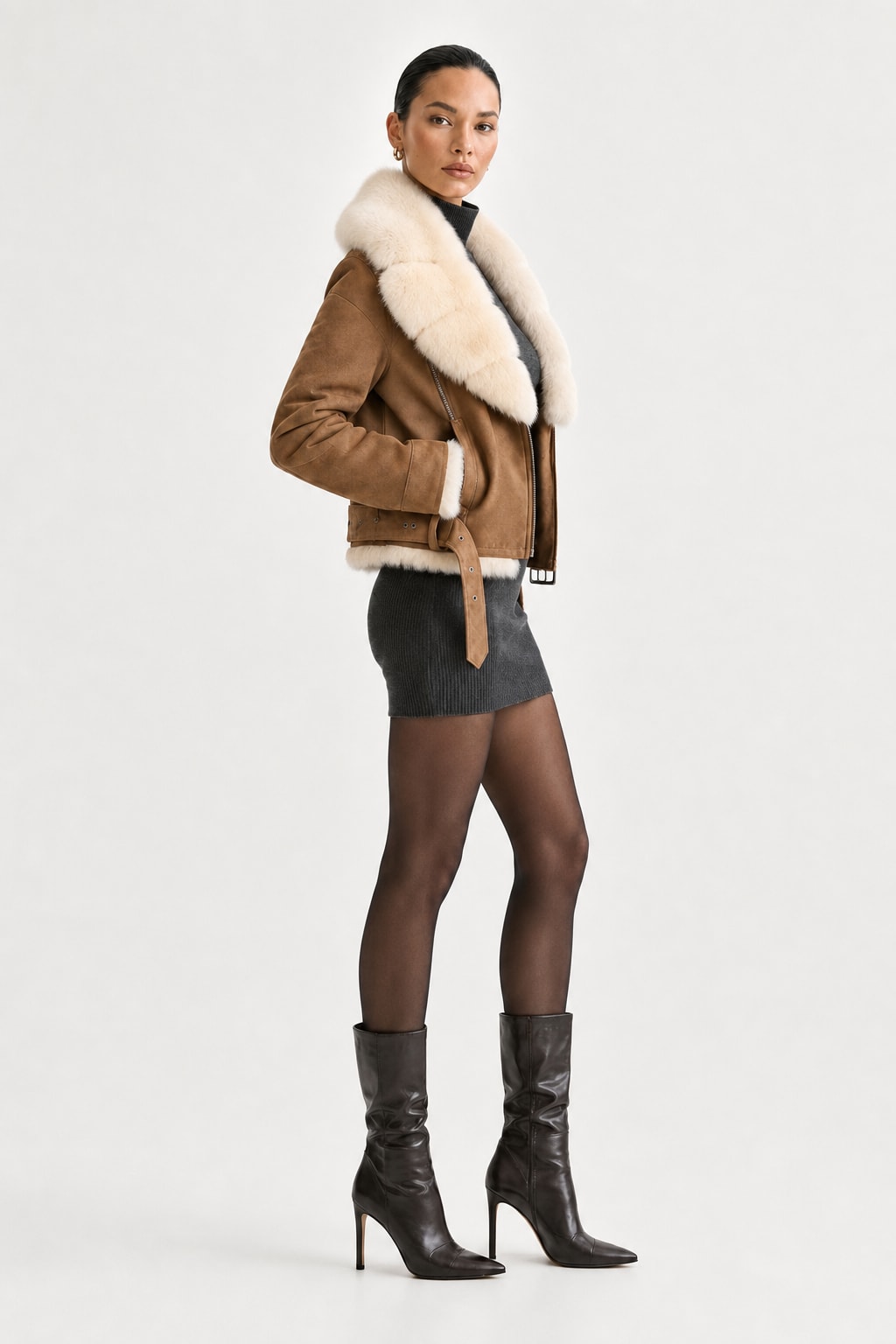 Suede Moto Jacket With Fur Collar - 4