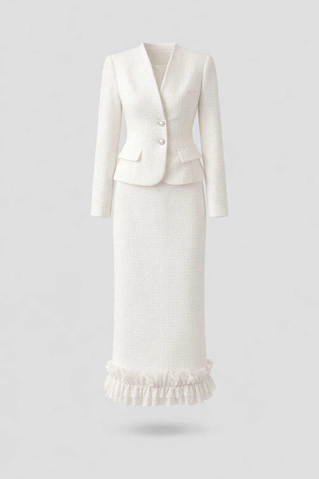 Non-Woven White Skirt Suit With V Neck Slim Fit - 1