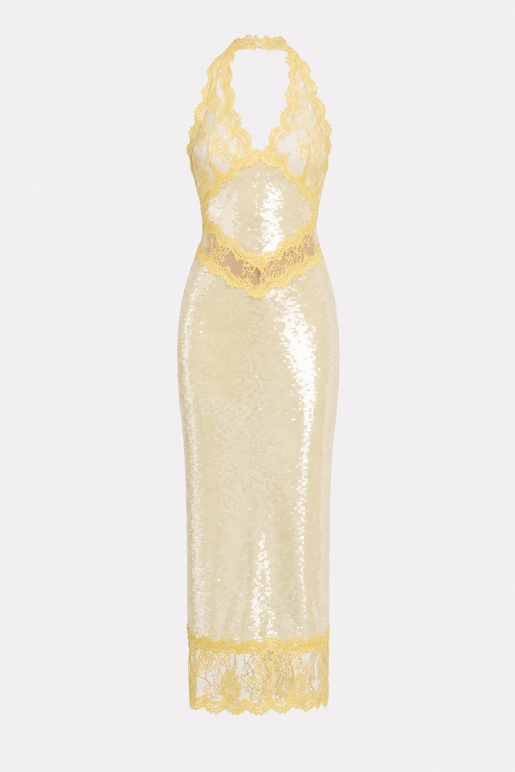 Effortless Sequin Halter Midi Dress With Sheer Lace Trim - 1