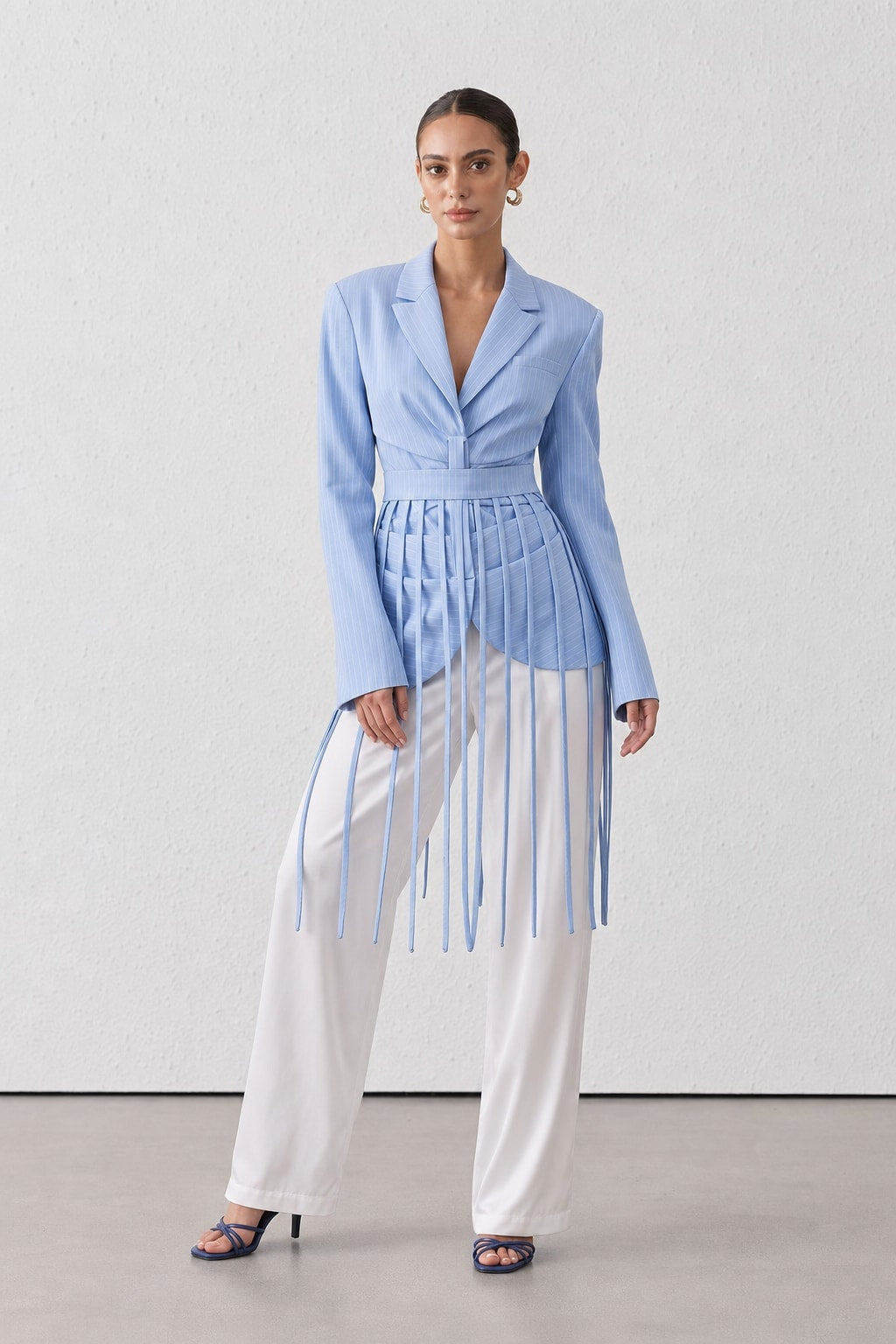 Baby Blue Twill Blazer With Fringe Trim - 2