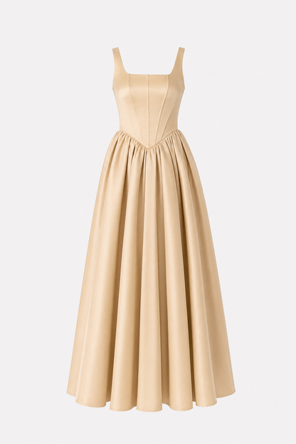 Khaki satin square neck corset maxi dress
