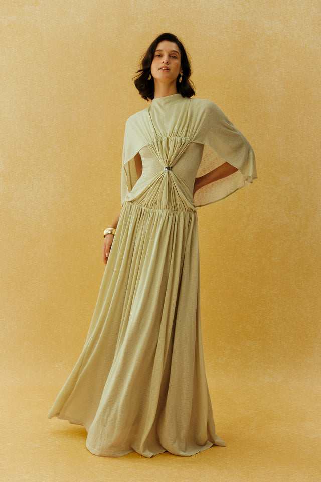 Cape Sleeve Knit Maxi Dress With Buckle Waist Detail - 2