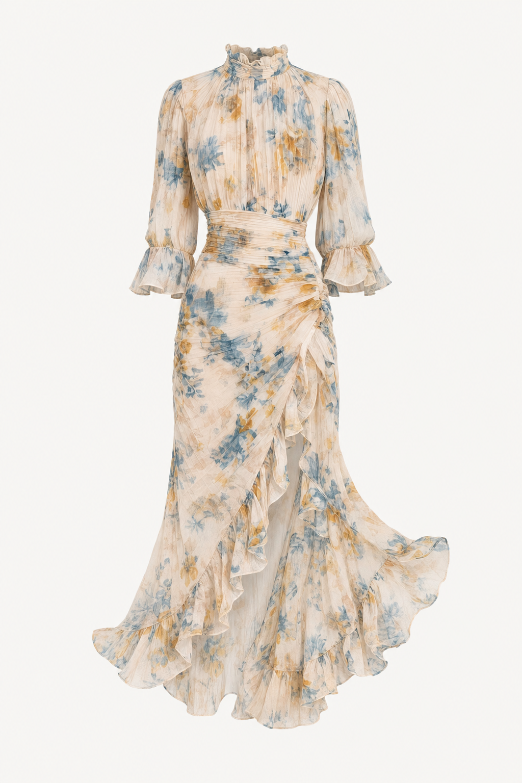 Yellow Floral Chiffon Ruched Maxi Dress