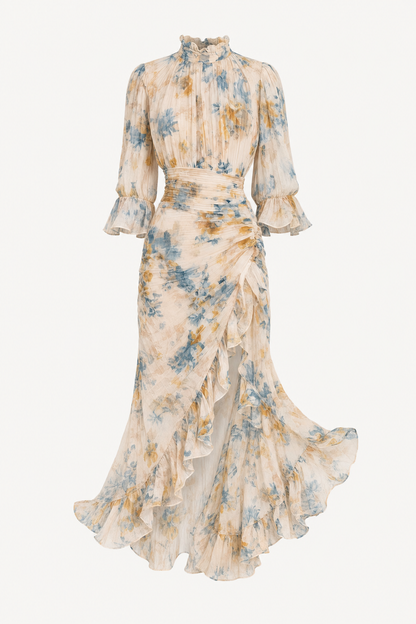 Yellow Floral Chiffon Ruched Maxi Dress