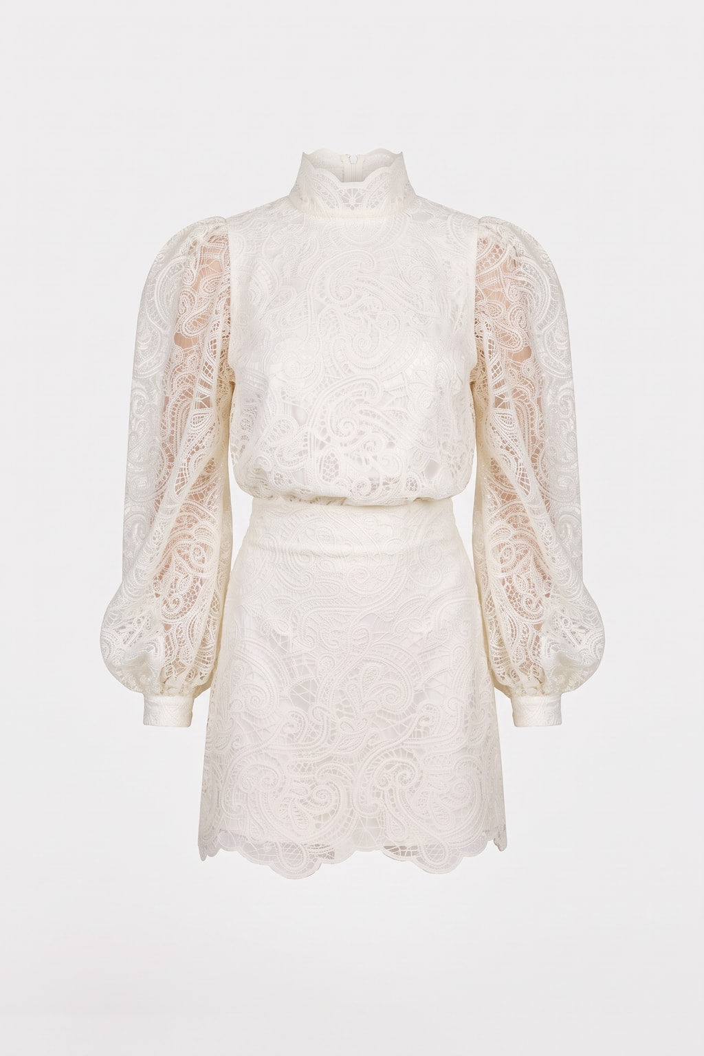 Ivory lace two-piece set laid flat: mock-neck blouse with puff sleeves and matching scalloped mini skirt