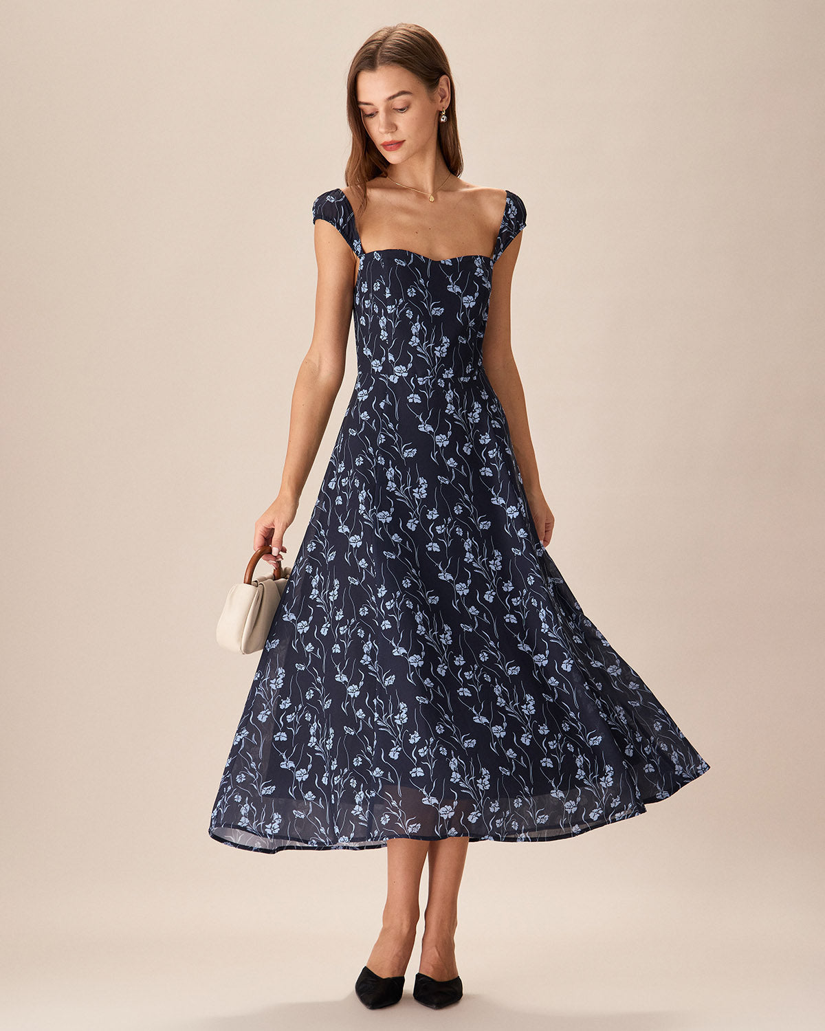 Navy Floral Sweetheart Neckline Midi Dress - view 5