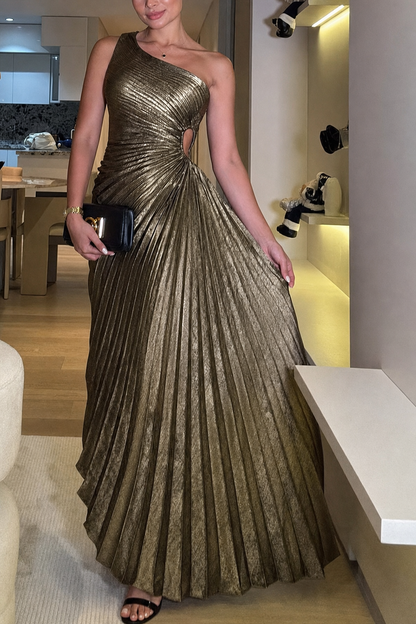 Metallic Gold One-Shoulder Pleated Maxi Dress - view 2
