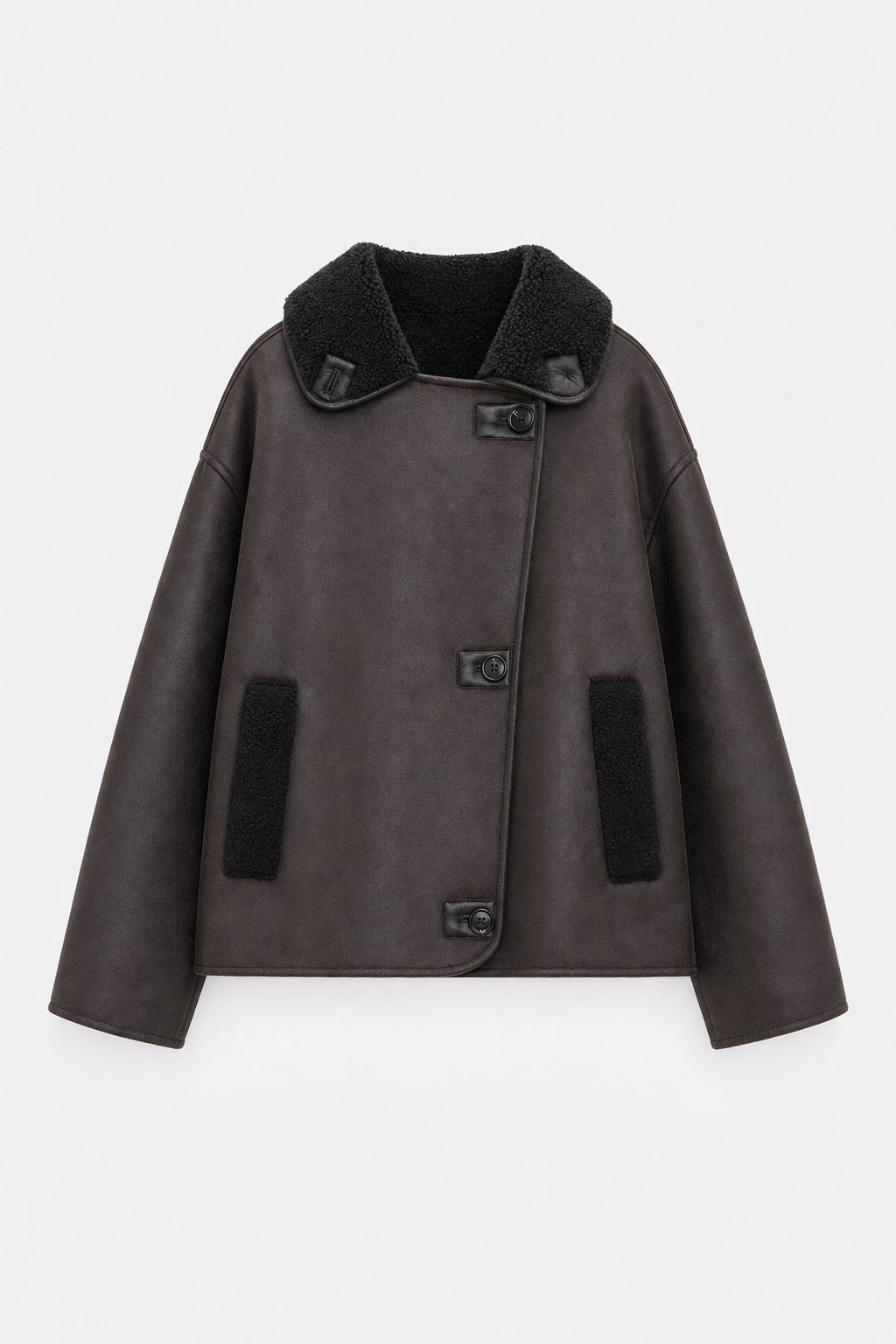 Relaxed Brown Leather Jacket Oversized Collarless Fit - 1